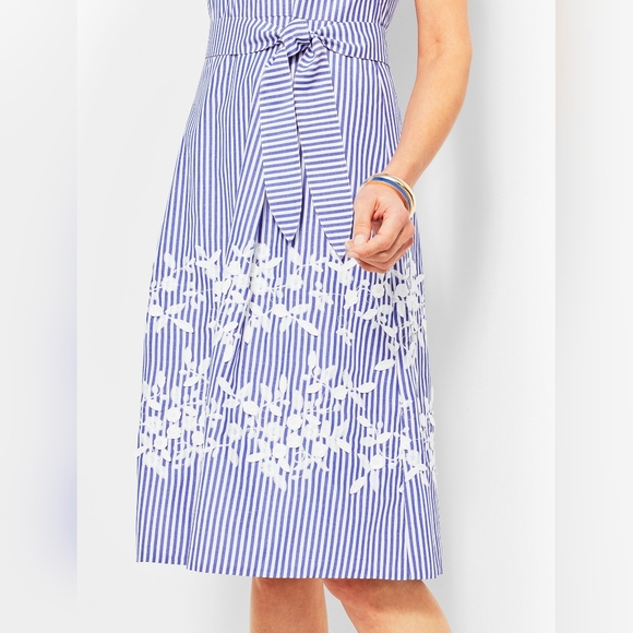 Talbots Sleeveless Blue White Striped Embroidered Fit Flare Dress, 8 Petite - Picture 3 of 8